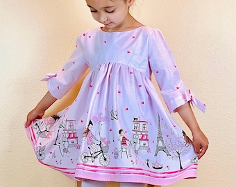 Girls Paris Dress: Eiffel Tower, Bicycle Print Cotton Party Dress