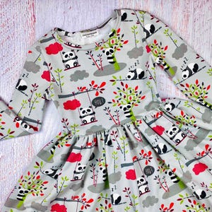 Girls birthday dress Toddler panda dress Woodland birthday outfit Bear baby shower gift Baby girl clothes Gray boutique twirl print dress