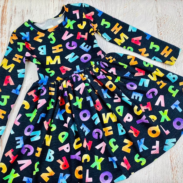 Back to school dress girls Kindergarten dress toddler ABC dress Alphabet outfit Baby girl clothes First day of school Colorful twirl dress