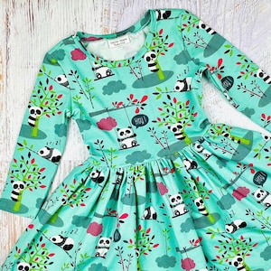Girls birthday dress Toddler panda dress Woodland birthday outfit Bear baby shower gift Baby girl clothes Green boutique twirl print dress
