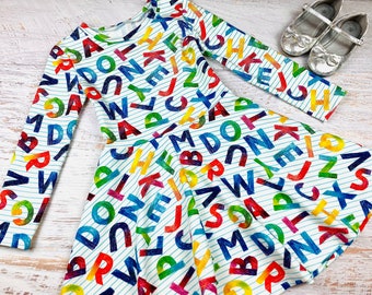 Back to school dress girls Kindergarten dress toddler ABC dress Alphabet outfit Baby girl clothes First day of school Colorful twirl dress