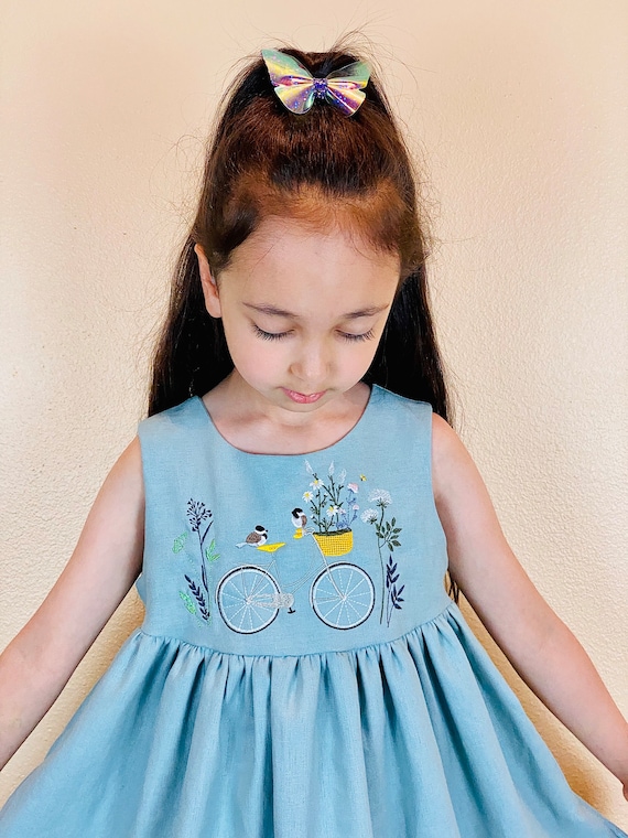 Girls Linen Dress (5T) Handmade Embroidered Bicycle & Floral Design
