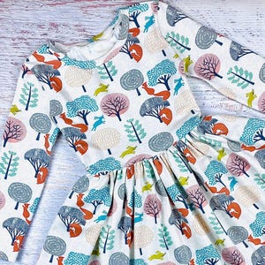 Girls birthday dress Woodland dress toddler Forest animals boho outfit Fox baby girl clothes Squirrel baby shower gift White twirl dress