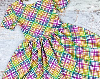 Girls summer dress Toddler pastel rainbow dress Plaid baby girl outfit Rainbow baby shower gift Garden picnic tea party twirl dress