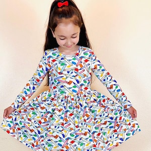 Back to school dress girls Kindergarten dress toddler Crayon dress Art baby girl clothes First day of school dress Rainbow twirl dress