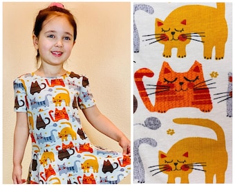 Girls cat dress Toddler kitten dress Birthday outfit Cat gifts Baby girl clothes Cat baby shower Orange boutique twirl cute print dress