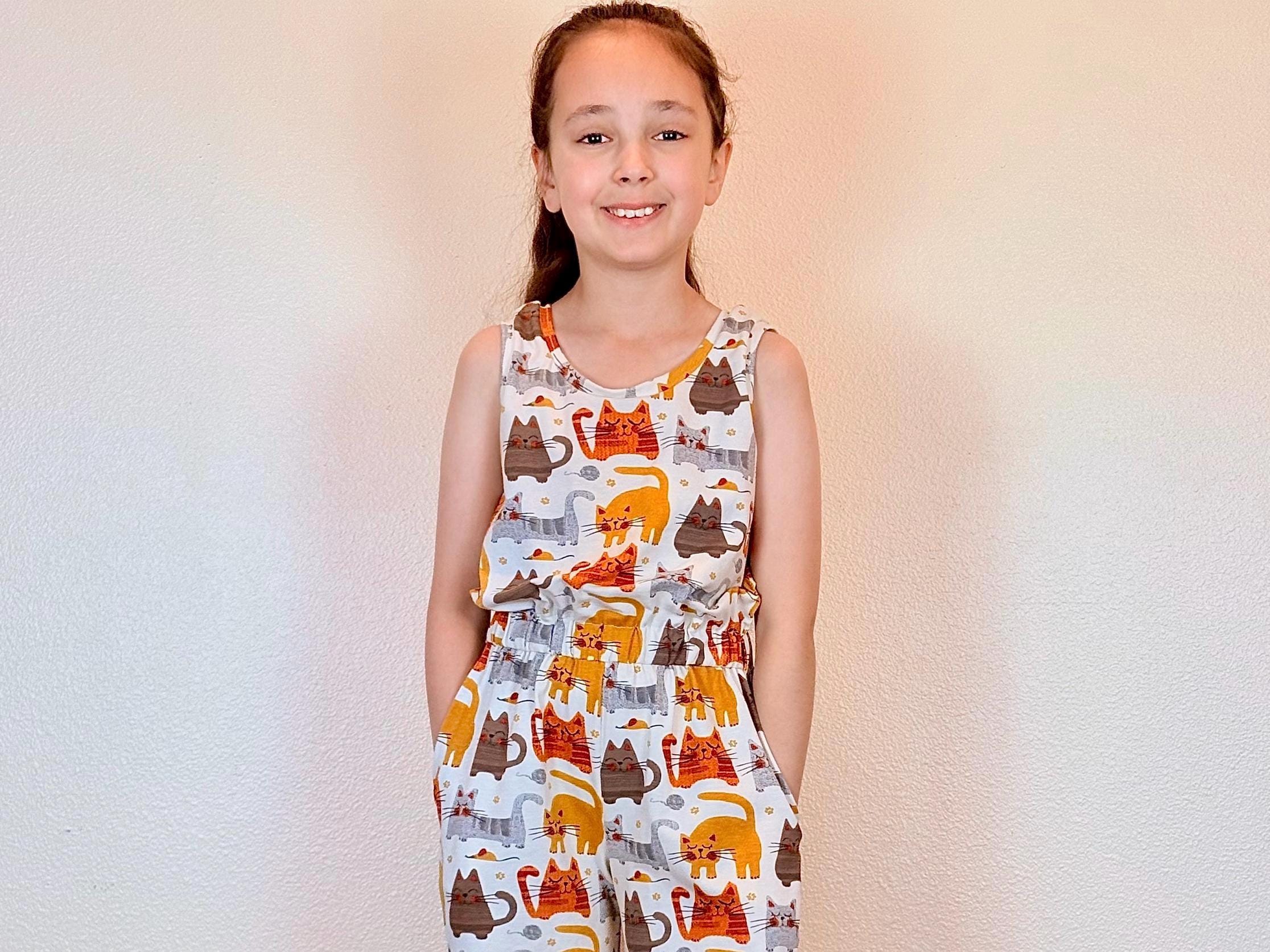 Girls' Cat Print Jumpsuit: Sleeveless Cotton Romper, Toddler Overalls