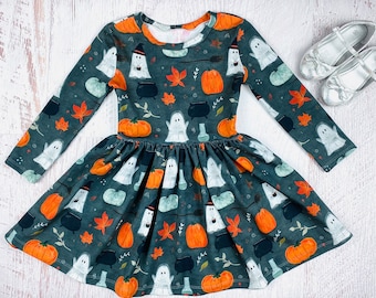 Girls Halloween Dress: Spooky Ghost & Pumpkin Cauldron Print