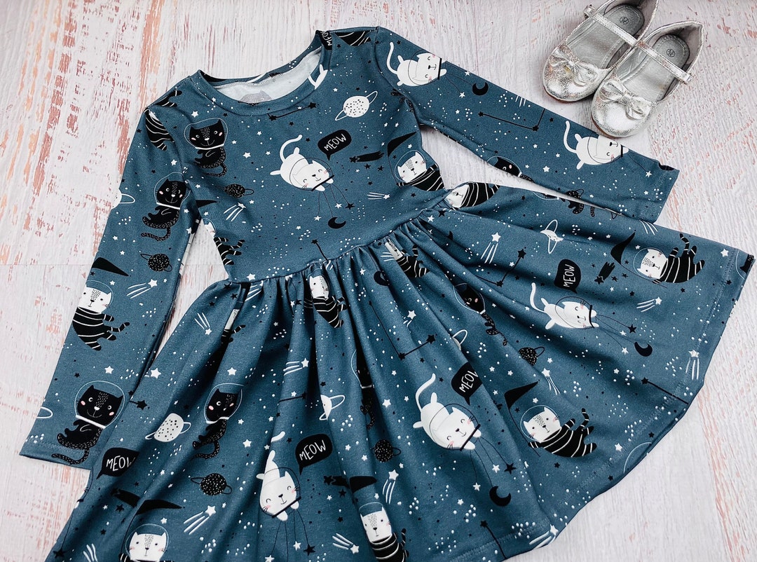 Girls Cat Dress Toddler Kitten Dress Space Birthday Outfit Cat Gifts