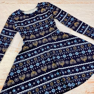 navy blue dress for baby girl Fun Hanukkah Long Sleeve Midi Dress with Pockets, Holiday Dress, Hanukkah Gift, Holiday Party Dress, Jewish Pride Dress main image 0