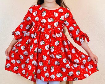 Santa Print Christmas Dress, Red Holiday Outfit