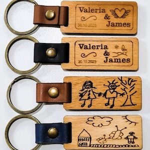 Personalized leather wooden keychain, wedding gift,  Personalized Genuine Key chain, Engraved wood Keychains, kid&#39;s special keychain.