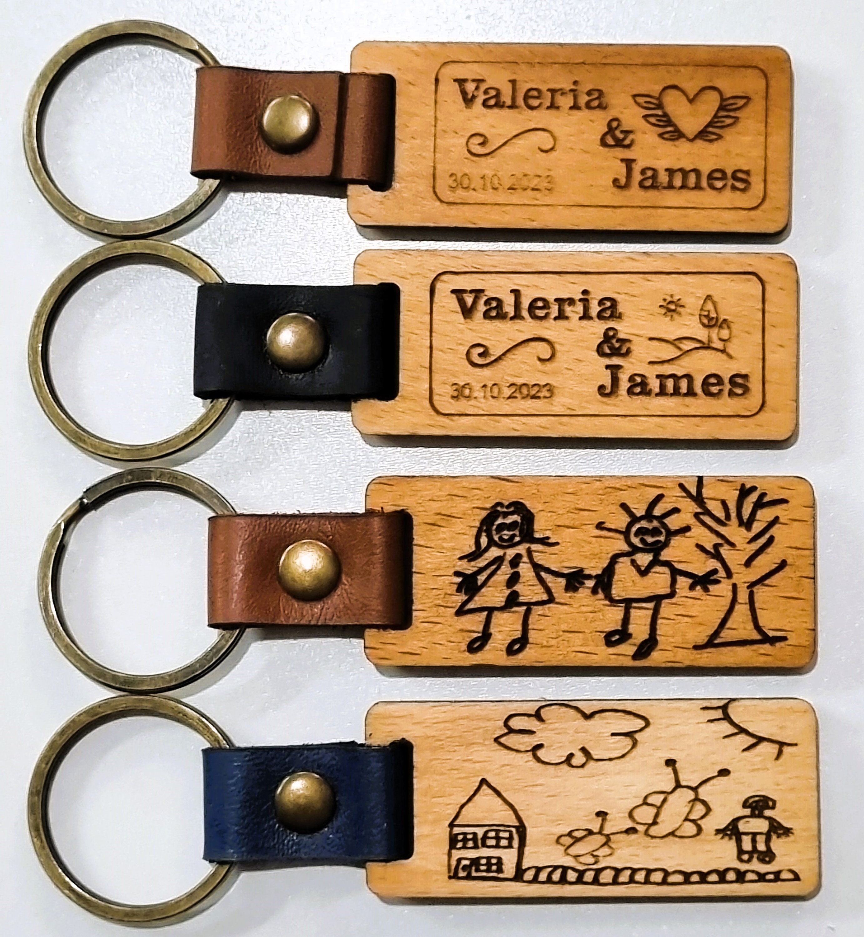 Personalized Wood Keychain, Engraved Leather, Child Drawing Gift