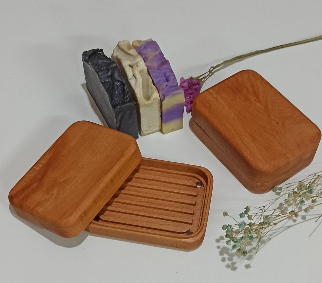 Wooden Soap Dish Box, Beech and Pine Tree, Travel Wood Soap Dish Box