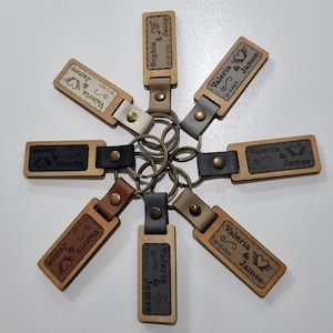 Personalized leather wooden keychain, wedding gift,  Personalized Genuine Leather Key chain, Engraved wood Keychains, Gift for him.