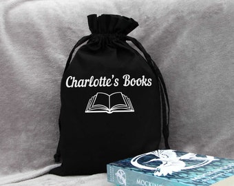 Personalised book drawstring bag, personalised book gift, book bag, reading bag, book storage, book gift