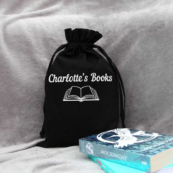 Personalised book drawstring bag, personalised book gift, book bag, reading bag, book storage, book gift