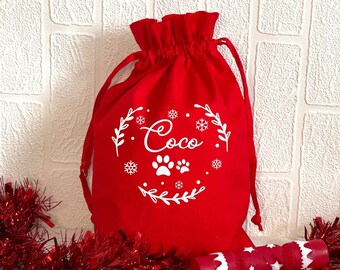 Personalised dog Christmas gift bag, Christmas drawstring bag, Dog Christmas canvas bag, Dog Christmas gift bag, Personalised dog