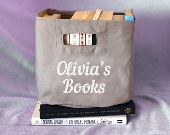 Personalised bold book basket, personalised book gift, reading gift, personalised book storage, book holder