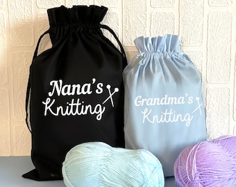 Personalised knitting drawstring bag, Personalised knitting gift, Knitting bag,Personalised knitting storage, Wool storage, Mothers day gift