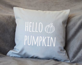 May include: A light blue throw pillow with the text "HELLO PUMPKIN" in white lettering and a white outline of a pumpkin.