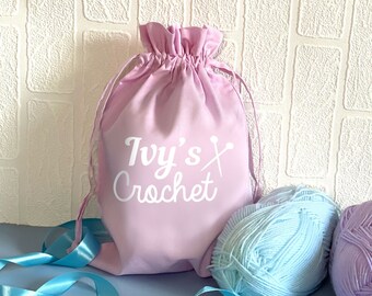 Personalised crochet drawstring bag, personalised crochet gift, crochet bag, personalised crochet storage, wool storage, wool bag