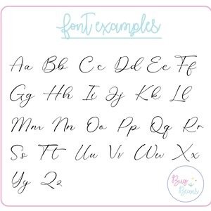 May include: A handwritten alphabet in cursive font, with each letter displayed in lowercase and followed by a lowercase letter. The letters are written in black ink on a white background. The text "font examples" is written in blue cursive font at the top of the image. The text "Bug Beans" is written in a colorful font at the bottom of the image.