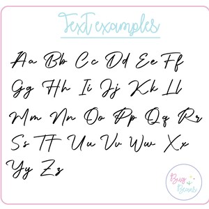 May include: A handwritten alphabet in black ink on a white background with the text "Text examples" at the top. The letters are written in a cursive style.