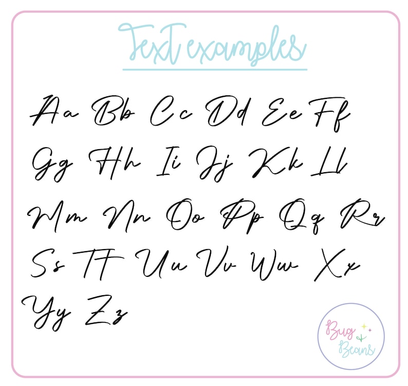 May include: A handwritten alphabet in black ink on a white background with the text "Text examples" at the top. The letters are written in a cursive style.