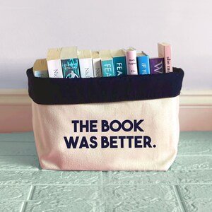 The book was better book organiser, reading gift, book storage, book holder, book gift Navy/Cream