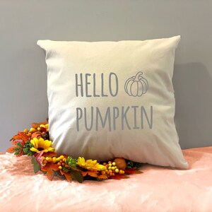 May include: A white throw pillow with the text "HELLO PUMPKIN" in gray lettering and a gray pumpkin graphic. The pillow is sitting on a pink surface with a fall-themed wreath.