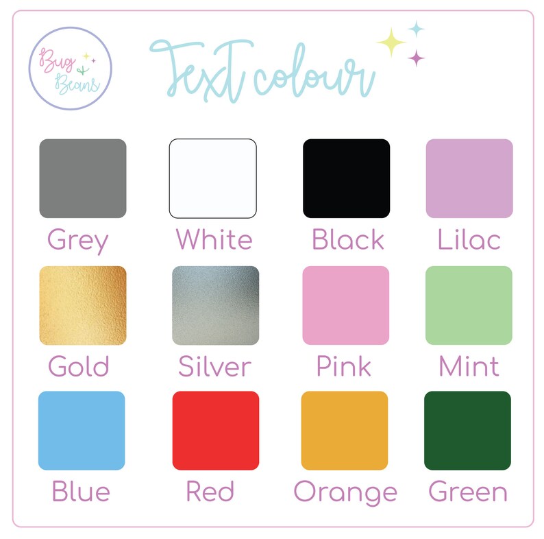 May include: A chart showing different text color options for a design project. The colors include grey, white, black, lilac, gold, silver, pink, mint, blue, red, orange, and green.