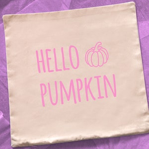 May include: A white pillow with the text "HELLO PUMPKIN" in pink lettering and a pink outline of a pumpkin.