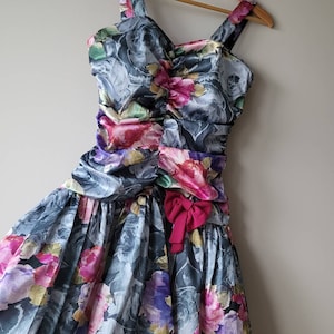80&#39;s Barbie Core Floral Draped/ Ruched Formal Mini Strap Dress with Bow/ Chantal Rosner Made in France