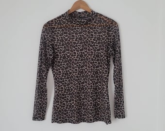 Vintage Y2K Leopard Print Mesh Top/ Animal Print Mockneck Second Skin Top/ Sheer Longsleeve Top