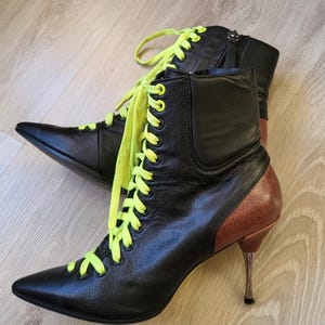 Y2K Fratelli Russo Lace Up Stiletto Boots/ Genuine Leather Pointed Toe Heel Boots/ Size 37/ Made in Italy