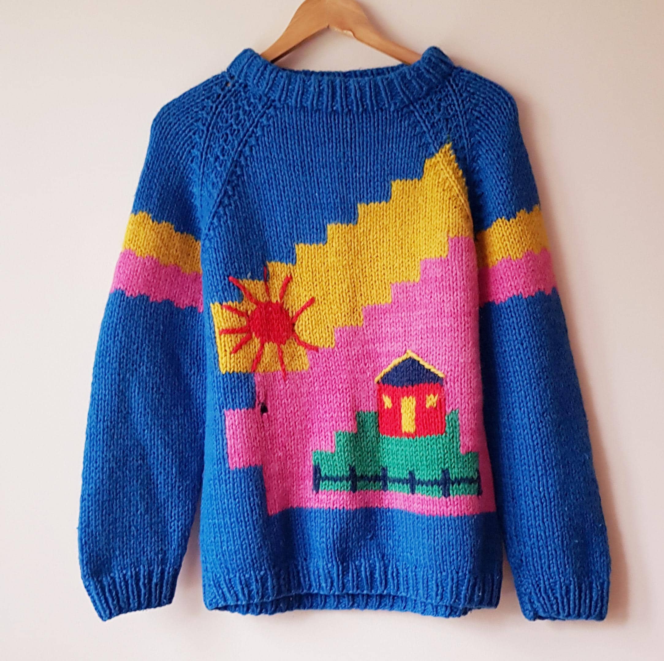 80's Hand Knitted Scenic Landscape Pullover Sweater/ Bright Colors