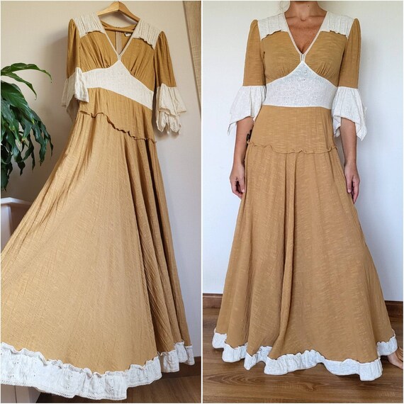 Vintage 70's Mustard Yellow Maxi Peasant Dress - Gem