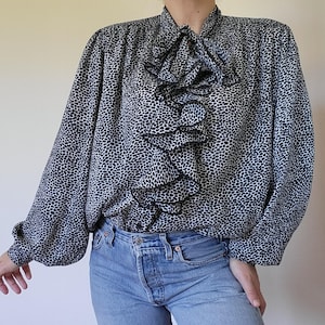 Vintage 80&#39;s/90&#39;s Polka Dot Print Front Ruffle Bow Tie Baloon Sleeve Blouse