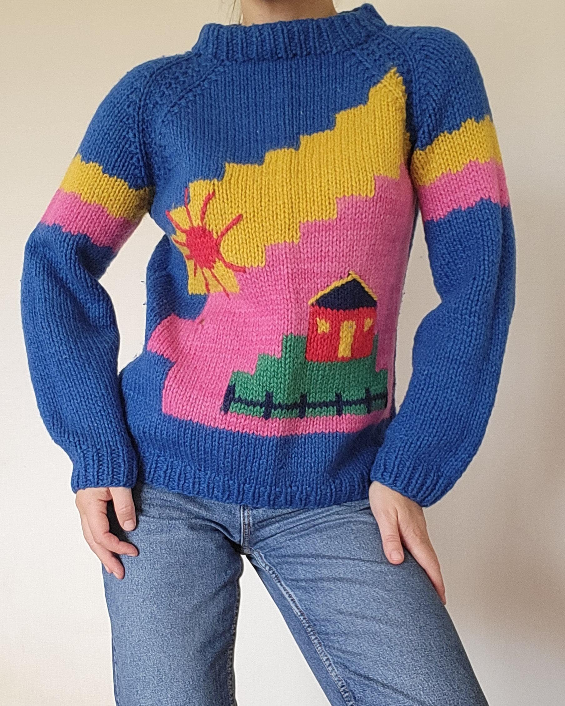 80's Hand Knitted Scenic Landscape Pullover Sweater/ Bright Colors