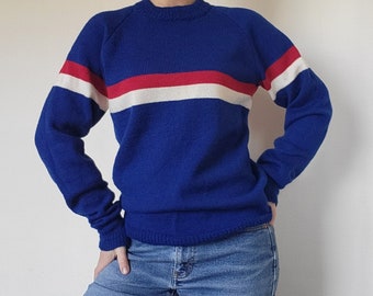 70's Vintage Retro Knitted Chest Stripe Pullover Crewneck Sweater