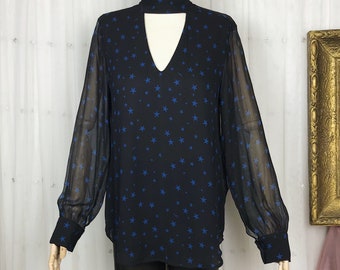 Black Star Print Chiffon Blouse, V-Neck Choker, Made in Italy