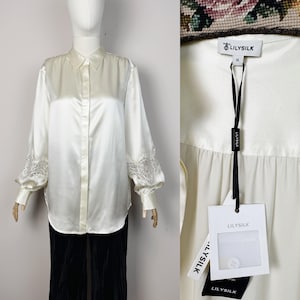 LILYSILK Mulberry Silk Ivory Blouse Lace Sleeves Size XL Elegant Long Sleeve Shirt Classic Button Down
