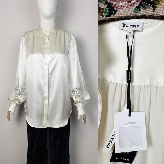 LILYSILK アイボリー マルベリーシルク レース付きブラウス (XL 