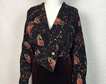 Vintage 80s Suede RealLeather Short Jacket Genuine Leather Designer Jacket Cosmic Print