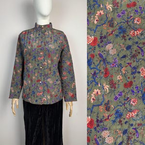 Vintage Quilted Silk Jacket Floral Bird Botanical Print Pure Silk Bomber