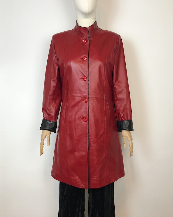 Vintage Lamb Leather Trench Coat - Red Leather Jacket, Size M