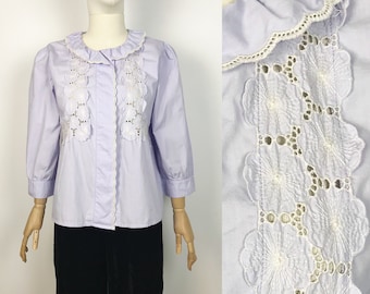 BALZAC Paris lila katoenen kanten blouse met ruches Lolita overhemd met pofmouwen Cottagecore