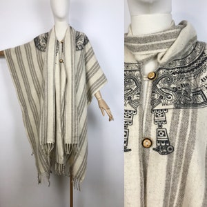 Vintage Beige Wool Poncho With Scarf Tribal Ornaments