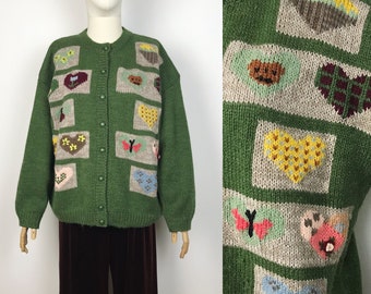 Vintage Green Wool Embroidered Cardigan Made in Italy